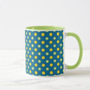 Chic Green Yellow Polka Dots on Blue Ringer Mug