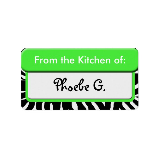 Chic Green Zebra Print "From the Kitchen" Labels (Front)