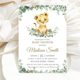 Chic Greenery Adorable Lion Cub Boy Baby Shower Invitation