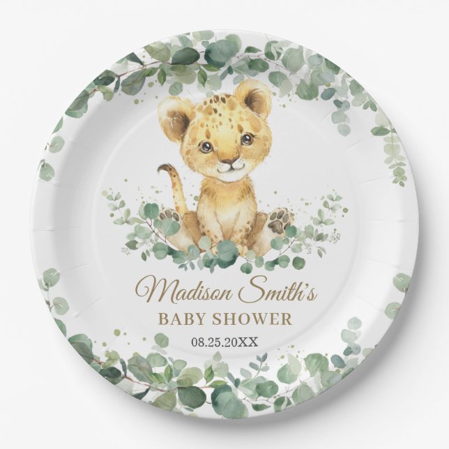 Chic Greenery Adorable Lion Cub Boy Baby Shower  Paper Plate (Front)