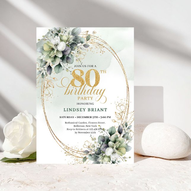 Chic Greenery and Gold 80th Birthday Invitation (Chic Greenery and Gold 80th Birthday Invitation)