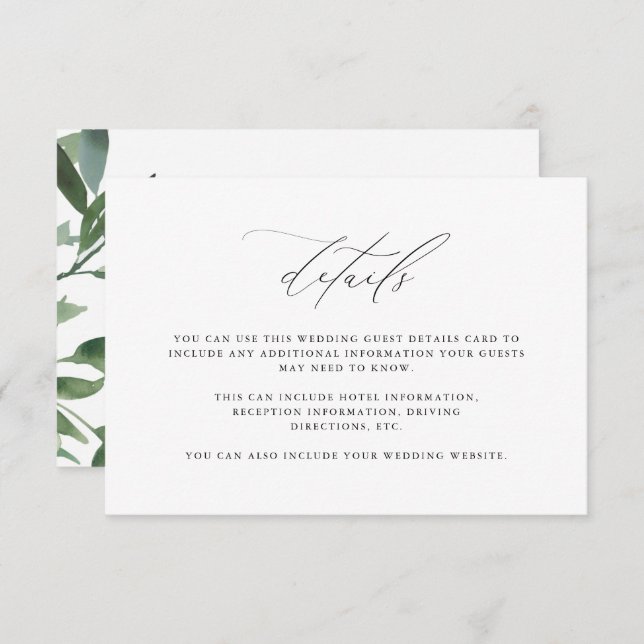 Chic Greenery Calligraphy Wedding Guest Detail Enclosure Card (Front/Back)