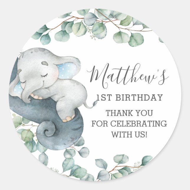 Chic Greenery Cute Elephant Boy Thank You Favour Classic Round Sticker (Front)