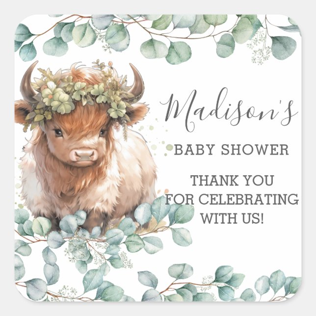 Chic Greenery Cute Highland Cow Thank You Favour Square Sticker (Front)