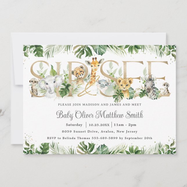 Chic Greenery Cute Jungle Animals Baby Sip and See Invitation (Front)