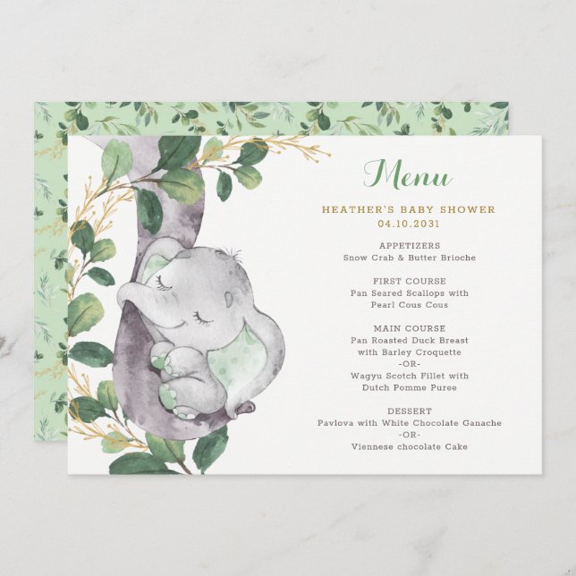 Chic Greenery Elephant Gender Neutral Baby Shower Menu (Front/Back)