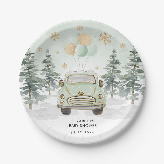 Chic Greenery Gold Drive By Baby Shower Parade Paper Plate (Front)