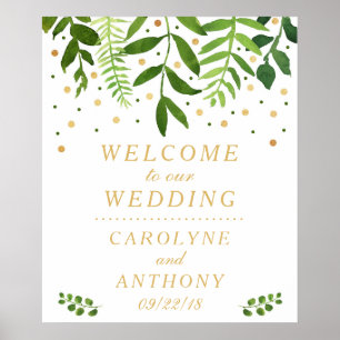 Chic Greenery & Gold Foil Wedding Welcome Sign