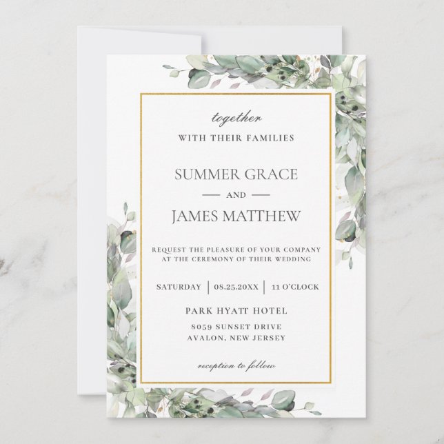 Chic Greenery Gold Sage Green Foliage Wedding Invitation (Front)