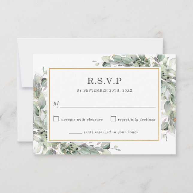 Chic Greenery Gold Sage Green Foliage Wedding RSVP Card (Front)