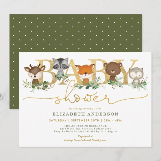 Chic Greenery Gold Woodland Forest Baby Shower Invitation (Front/Back)