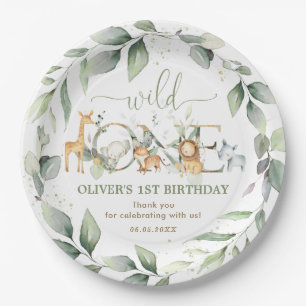 Chic Greenery Jungle Animals 1st Birthday Wild One Paper Plate