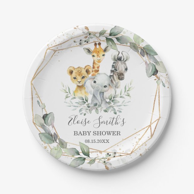 Chic Greenery Jungle Animals Baby Shower Birthday Paper Plate (Front)