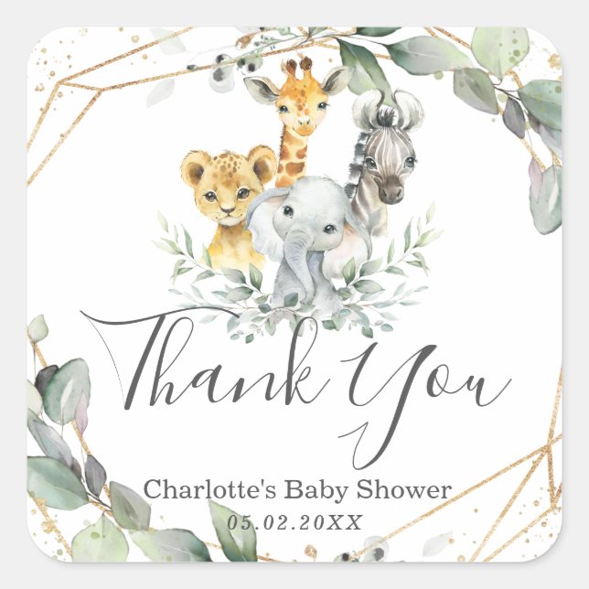 Chic Greenery Jungle Animals Baby Shower Birthday Square Sticker (Front)