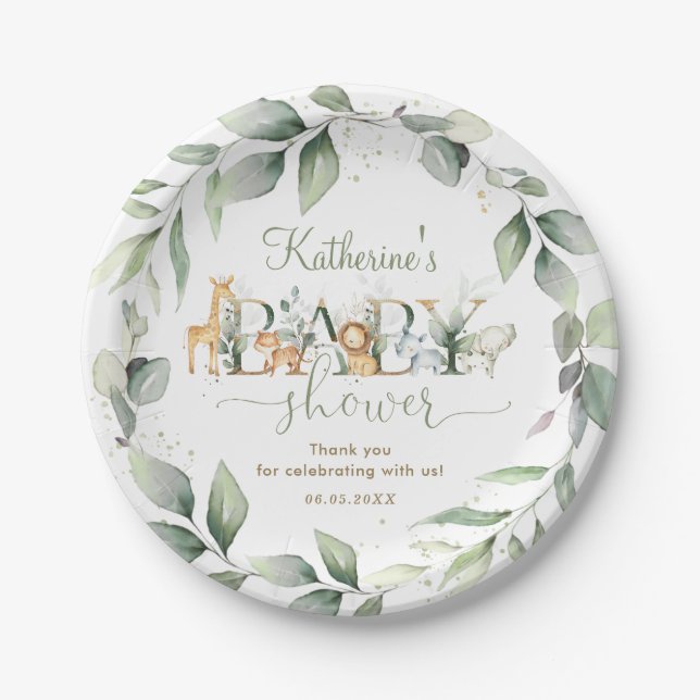 Chic Greenery Jungle Animals Baby Shower Neutral Paper Plate (Front)
