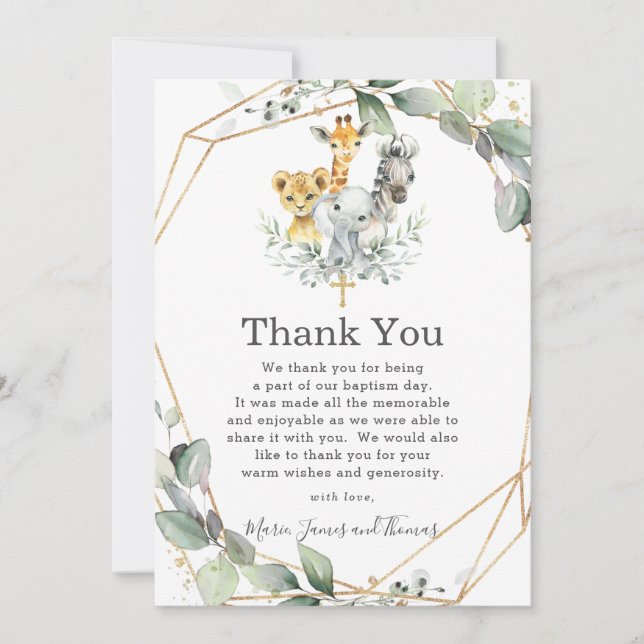 Chic Greenery Jungle Animals Baptism Christening Thank You Card (Front)
