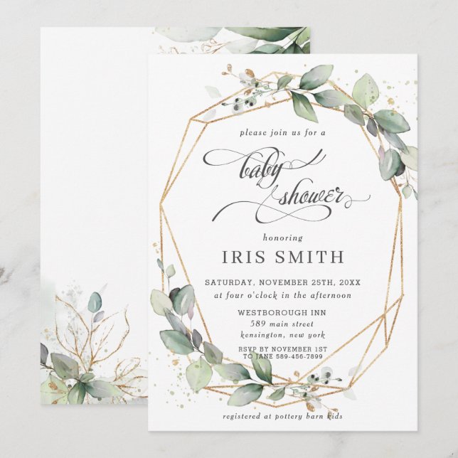 Chic Greenery Leafy Foliage Baby Shower Geometric Invitation (Front/Back)