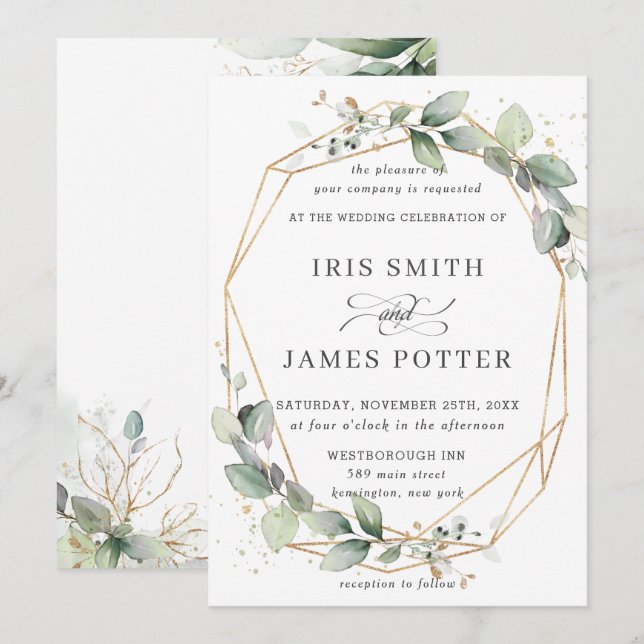 Chic Greenery Leafy Foliage Wedding Geometric Invitation (Front/Back)