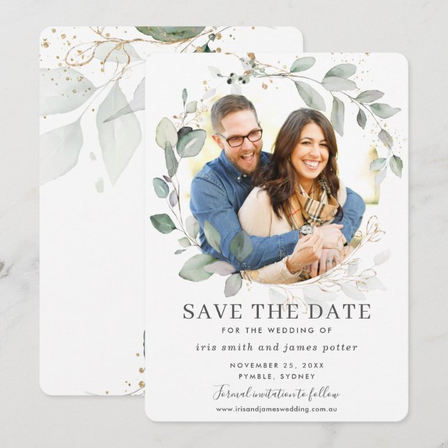 Chic Greenery Leaves Gold Photo Save the Date Card (Front/Back)