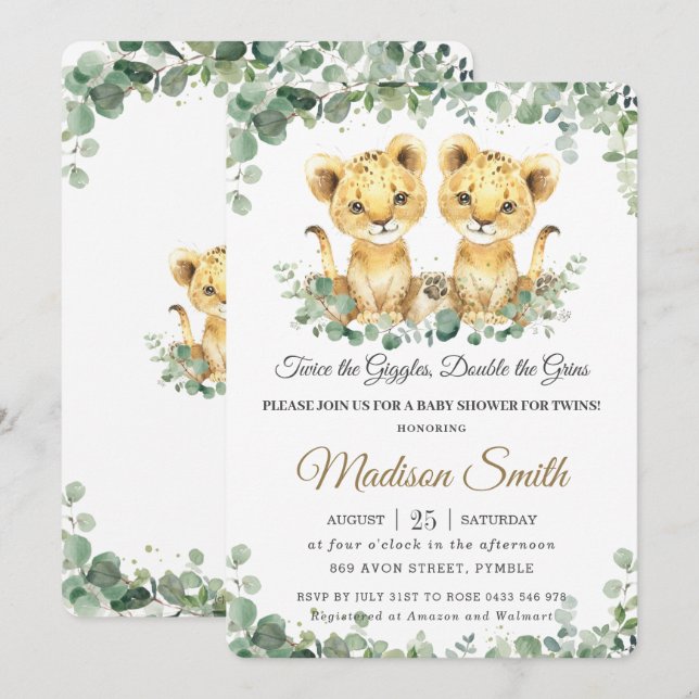 Chic Greenery Lion Cubs Twins Boys Baby Shower Invitation (Front/Back)