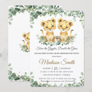 Chic Greenery Lion Cubs Twins Boys Baby Shower Invitation