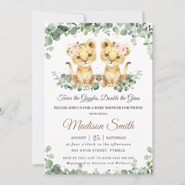 Chic Greenery Lion Cubs Twins Girls Baby Shower Invitation (Front)