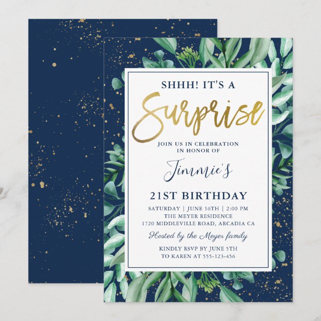 Chic Greenery Navy Blue Gold Surprise Birthday Invitation (Front/Back)