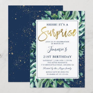 Chic Greenery Navy Blue Gold Surprise Birthday Invitation
