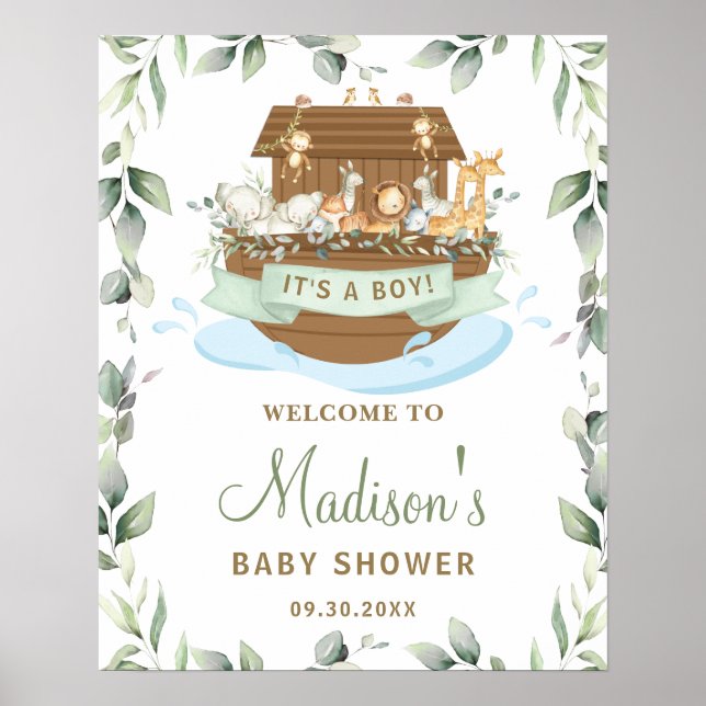 Chic Greenery Noah's Ark Baby Shower Welcome Sign (Front)