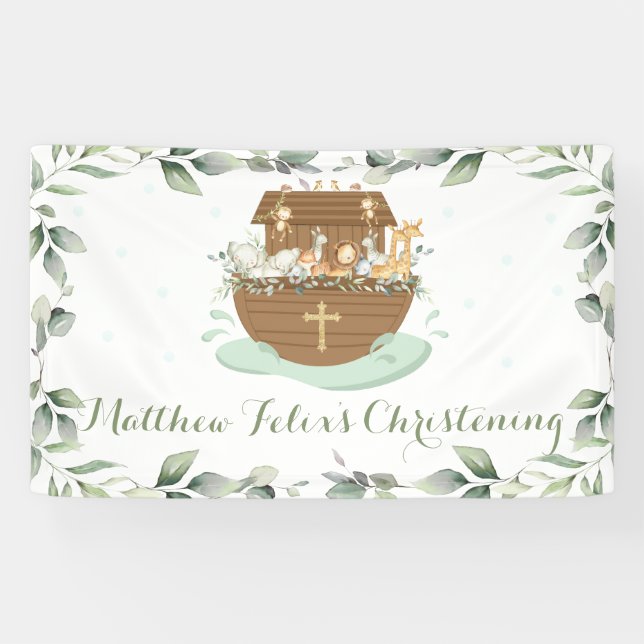 Chic Greenery Noah's Ark Baptism Welcome Backdrop Banner (Horizontal)