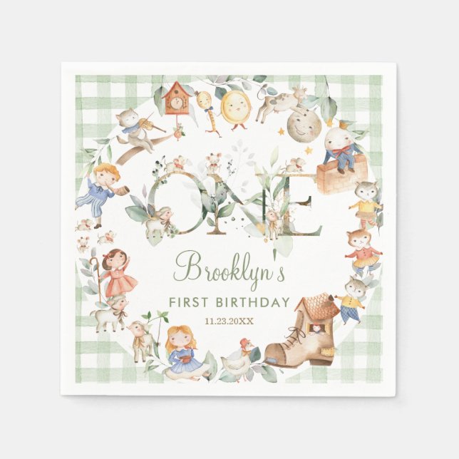 Chic Greenery Nursery Rhyme 1st Birthday Neutral Napkin (Front)