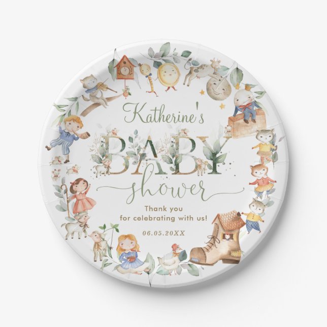Chic Greenery Nursery Rhyme Baby Shower Neutral Paper Plate (Front)