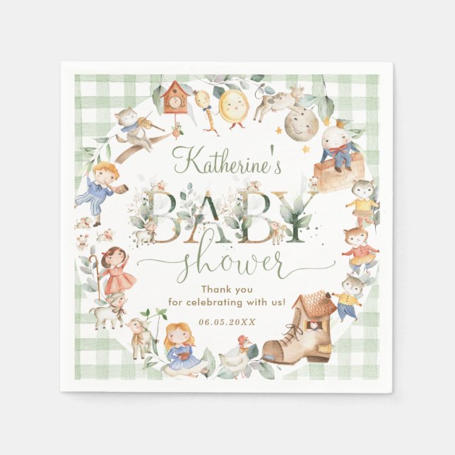Chic Greenery Nursery Rhyme Neutral Baby Shower Napkin (Front)