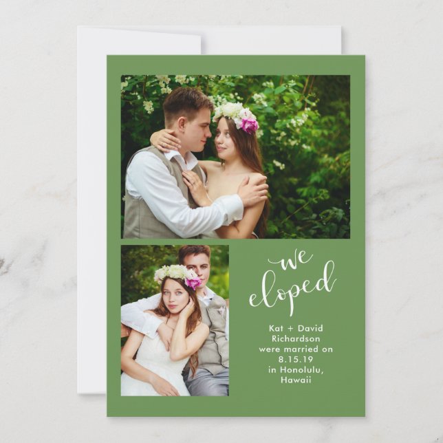 Chic Greenery | Two Photo We Eloped Announcement (Front)