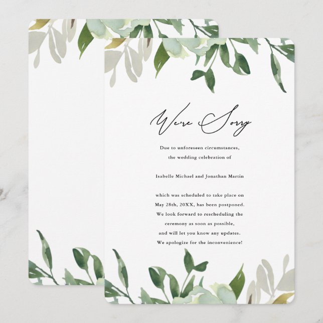 Chic Greenery Wedding Postponement Announcement (Front/Back)