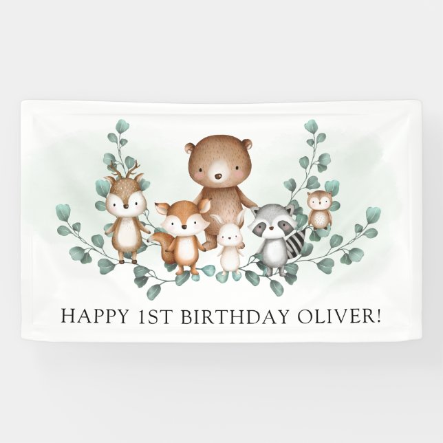 Chic Greenery Woodland Animal Happy Birthday Party Banner (Horizontal)
