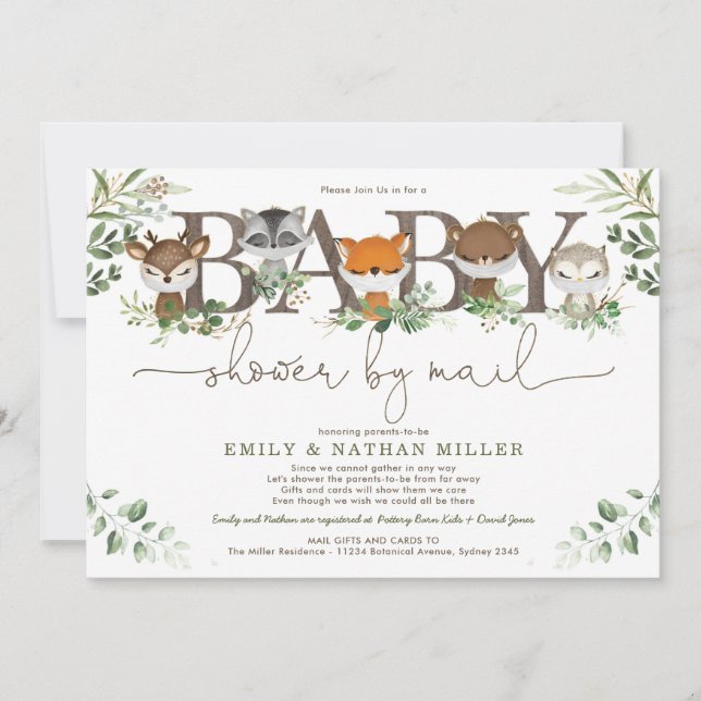 Chic Greenery Woodland Animals Baby Shower By Mail Invitation (Front)