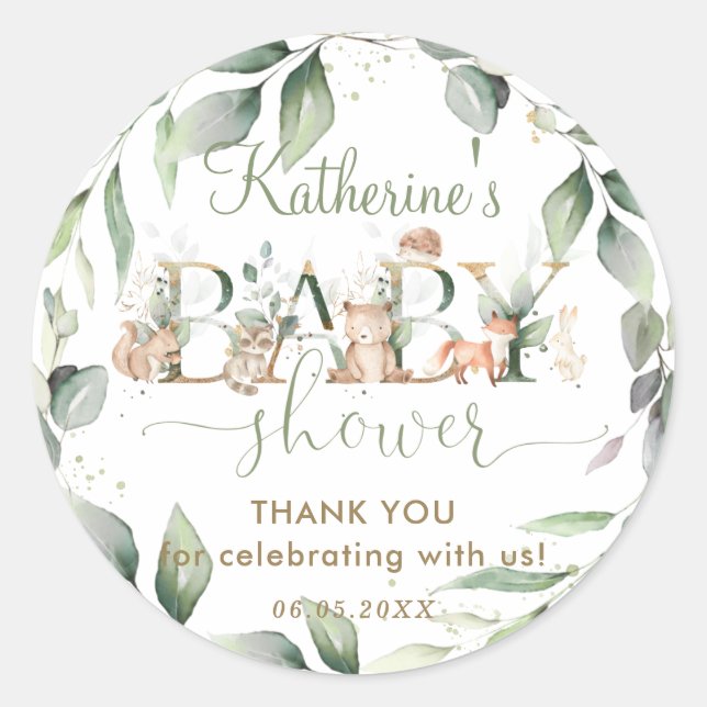 Chic Greenery Woodland Animals Baby Shower Favour  Classic Round Sticker (Front)