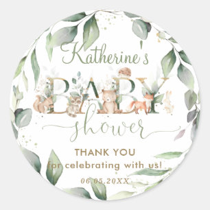 Chic Greenery Woodland Animals Baby Shower Favour  Classic Round Sticker