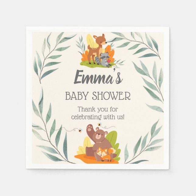 Chic Greenery Woodland Animals Baby Shower Forest Napkin (Front)