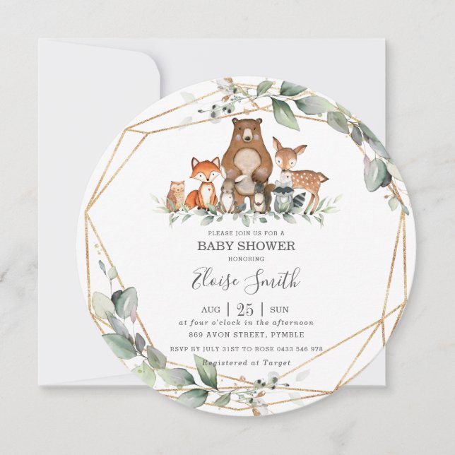 Chic Greenery Woodland Animals Baby Shower Neutral Invitation (Front)