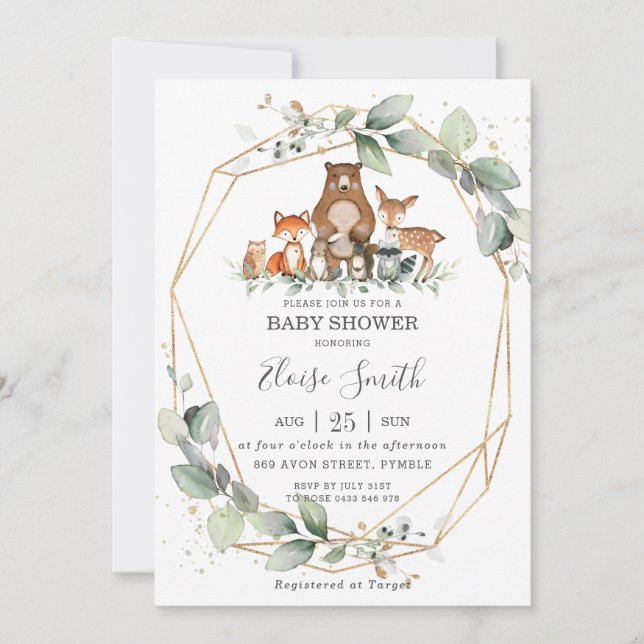 Chic Greenery Woodland Animals Baby Shower Neutral Invitation (Front)
