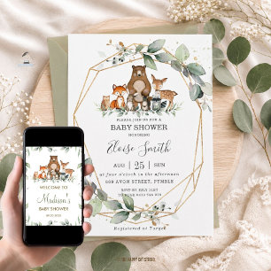 Chic Greenery Woodland Animals Baby Shower Neutral Invitation