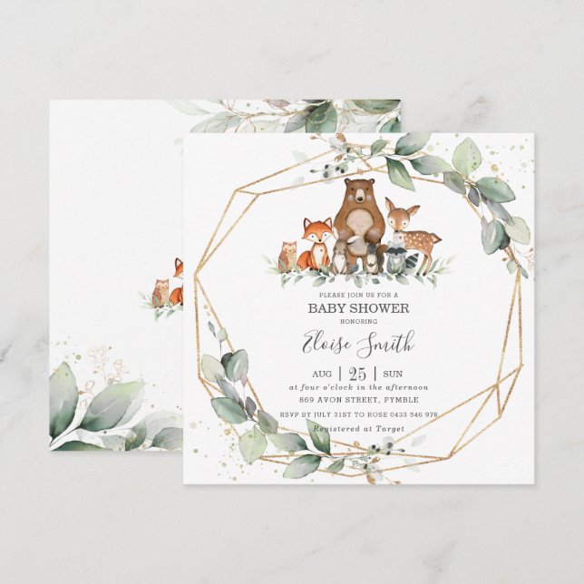 Chic Greenery Woodland Animals Baby Shower Neutral Invitation (Front/Back)