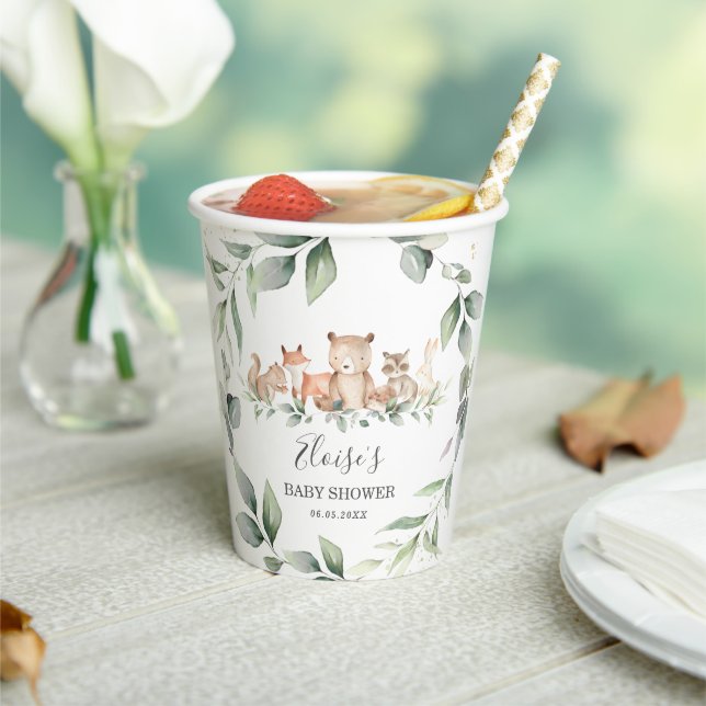 Chic Greenery Woodland Animals Baby Shower Neutral Paper Cups (Insitu)