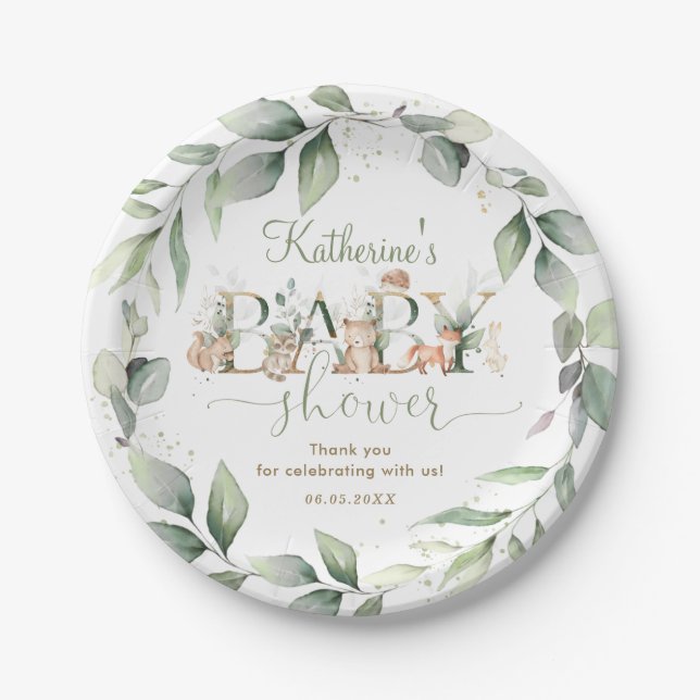 Chic Greenery Woodland Animals Baby Shower Neutral Paper Plate (Front)