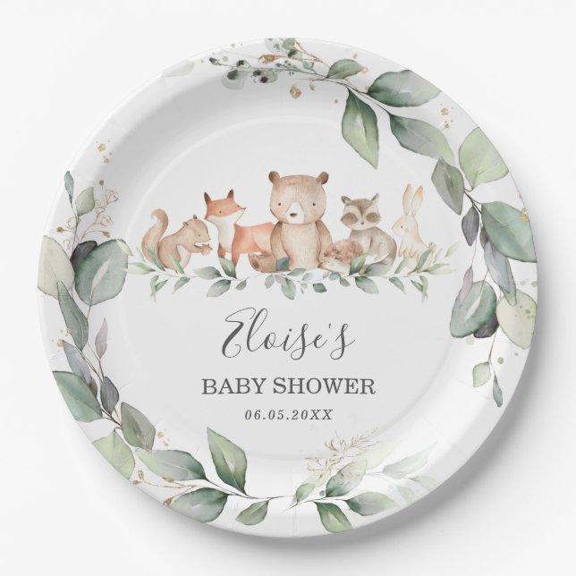 Chic Greenery Woodland Animals Baby Shower Neutral Paper Plate (Front)