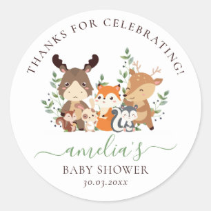 Chic Greenery Woodland Animals Neutral Baby Shower Classic Round Sticker