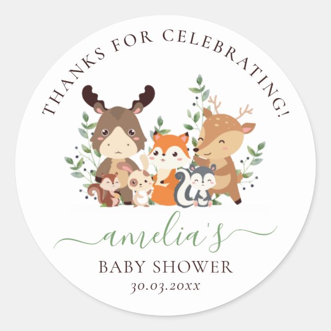 Chic Greenery Woodland Animals Neutral Baby Shower Classic Round Sticker (Front)
