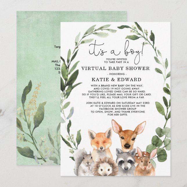 Chic Greenery Woodland Animals Virtual Baby Shower Invitation (Front/Back)